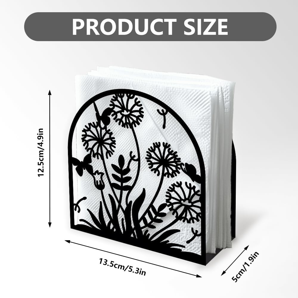 Dandelion Decorative Black Metal Napkin Holder for Table, 5.3" x 4.9" x 1.9" Grass Flower Standing Napkin Holder for Home Kitchen Restaurant Picnic Party Coffee Bar Dining Room