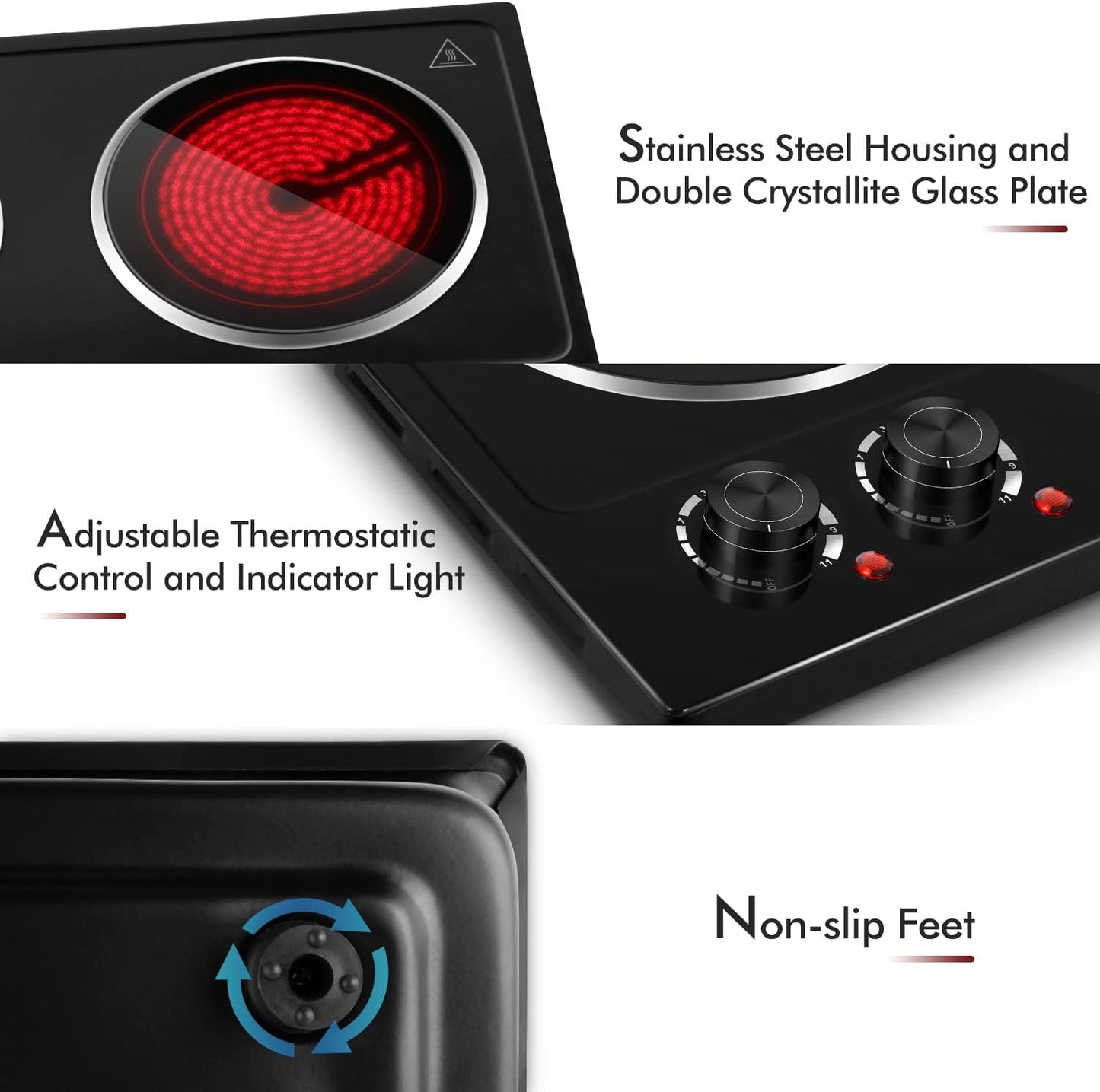 CUSIMAX Double Burner, 1800W Ceramic Electric Hot Plate for Cooking, Dual Control Infrared Cooktop, Portable Countertop Burner, Glass Plate Electric Cooktop, Stainless Steel Black