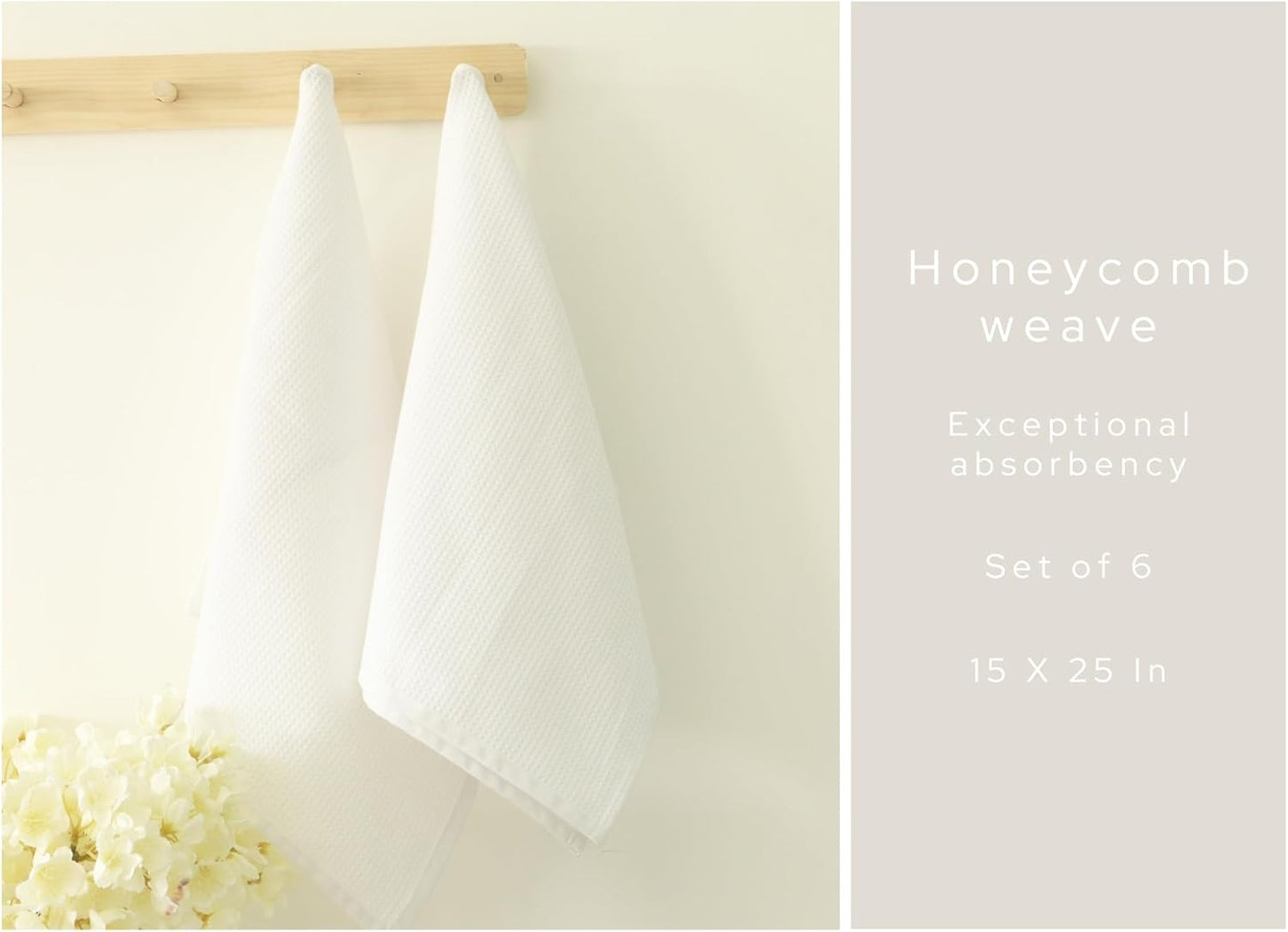 PurpleEssences Waffle Weave Kitchen Towel, 100% Cotton - 15 x 25 Inches, with Hanging Loop Ultra Soft Absorbent Quick Drying Dish Cloth, Tea and Hand Towels, 6 Pack - Spring Summer - White