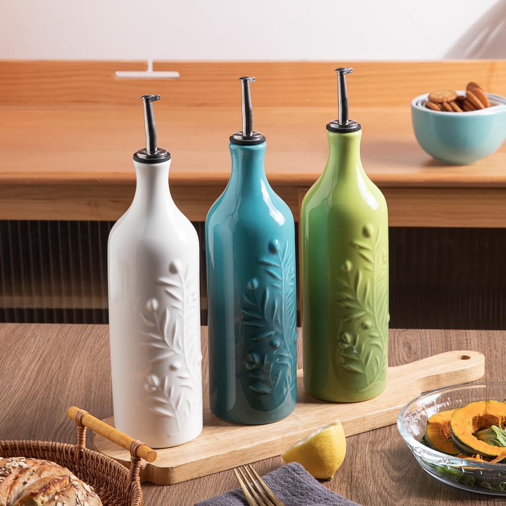 Sweejar Large Olive Oil Dispenser Bottle with Spout, 24 Oz Ceramic Oil Dispenser for Kitchen, Relief Opaque Oil Cruet, Oil Container for Cooking, EVOO, Avocado Oil, Vinegar, Pack of 1 (Gradient Blue)