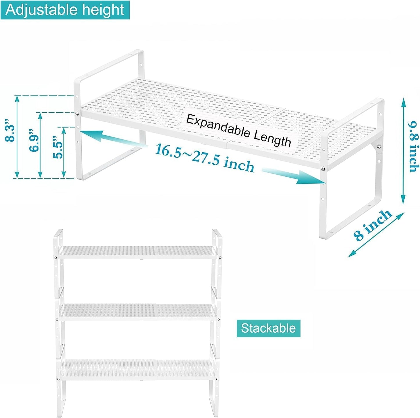 iPEGTOP Expandable Cabinet Storage Shelf Organizer Rack, Heavy Duty Stackable Steel Metal Spice Rack Adjustable Height Pantry Garage Shelf for Counter Kitchen Organization, White - 2 Pack