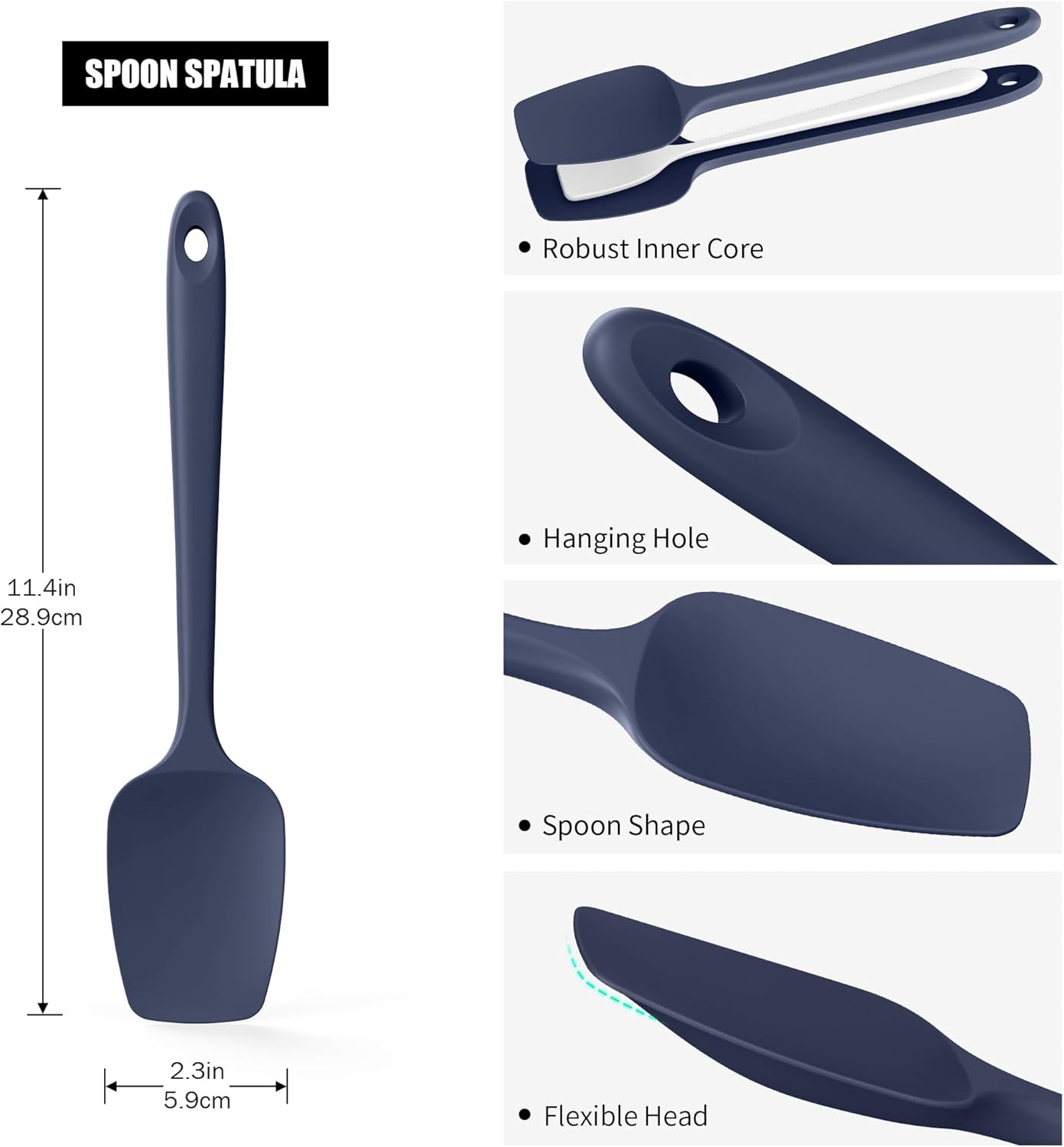 Heat Resistant Silicone Spoon Spatula, Doosu 600°F High Temp Flexible Cooking Spoons Kitchen Rubber Spoonula Scratch-Proof for Mixing Stirring Scraping Serving Non-Stick Cookware (11.4in, Navy Blue)