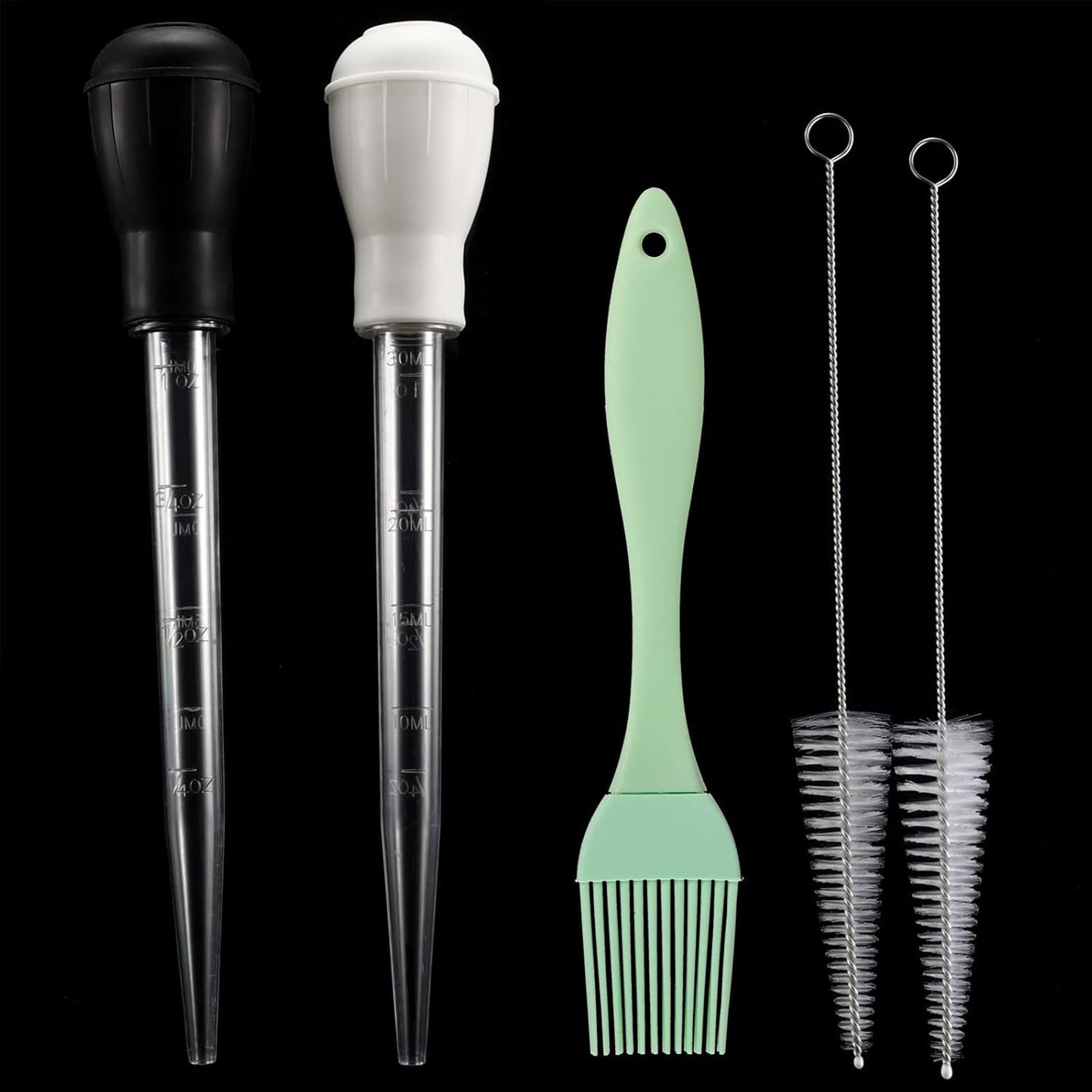 Boao 5 Pieces Nylon Heat-resistant Turkey Baster Cooking Set Includes Meat Baster, 1 Silicone Basting Brush and 2 Cleaning Brush for BBQ Grill Baking Kitchen Cooking(Black, White)