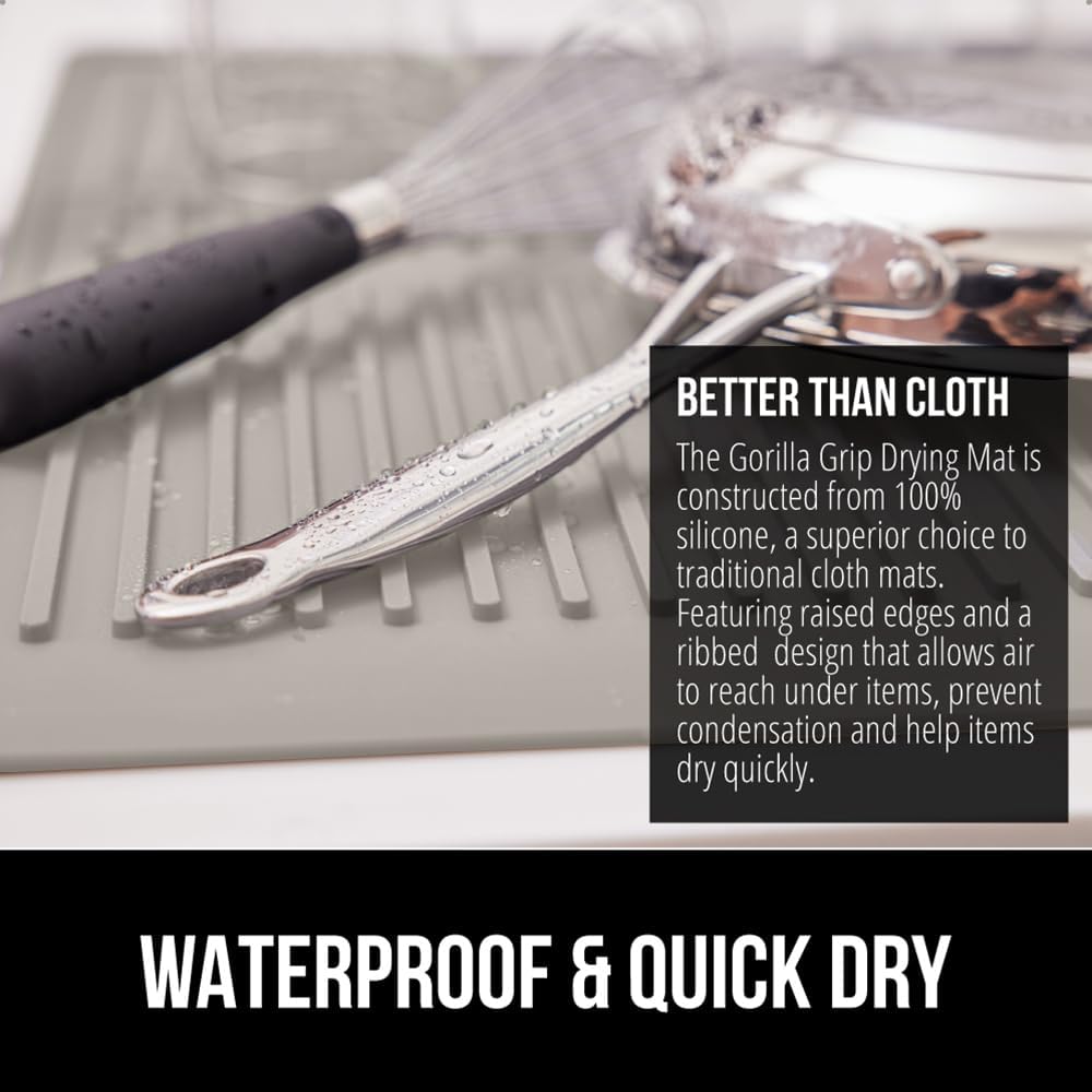 GORILLA GRIP 100% BPA-Free Patented Silicone Dish Drying Mat for Kitchen Counter, Water Catching Ribbed Design, Easy Clean Waterproof Sink Liner, Heat Resistant, Fits Under Rack, 16x12 Inch, Almond