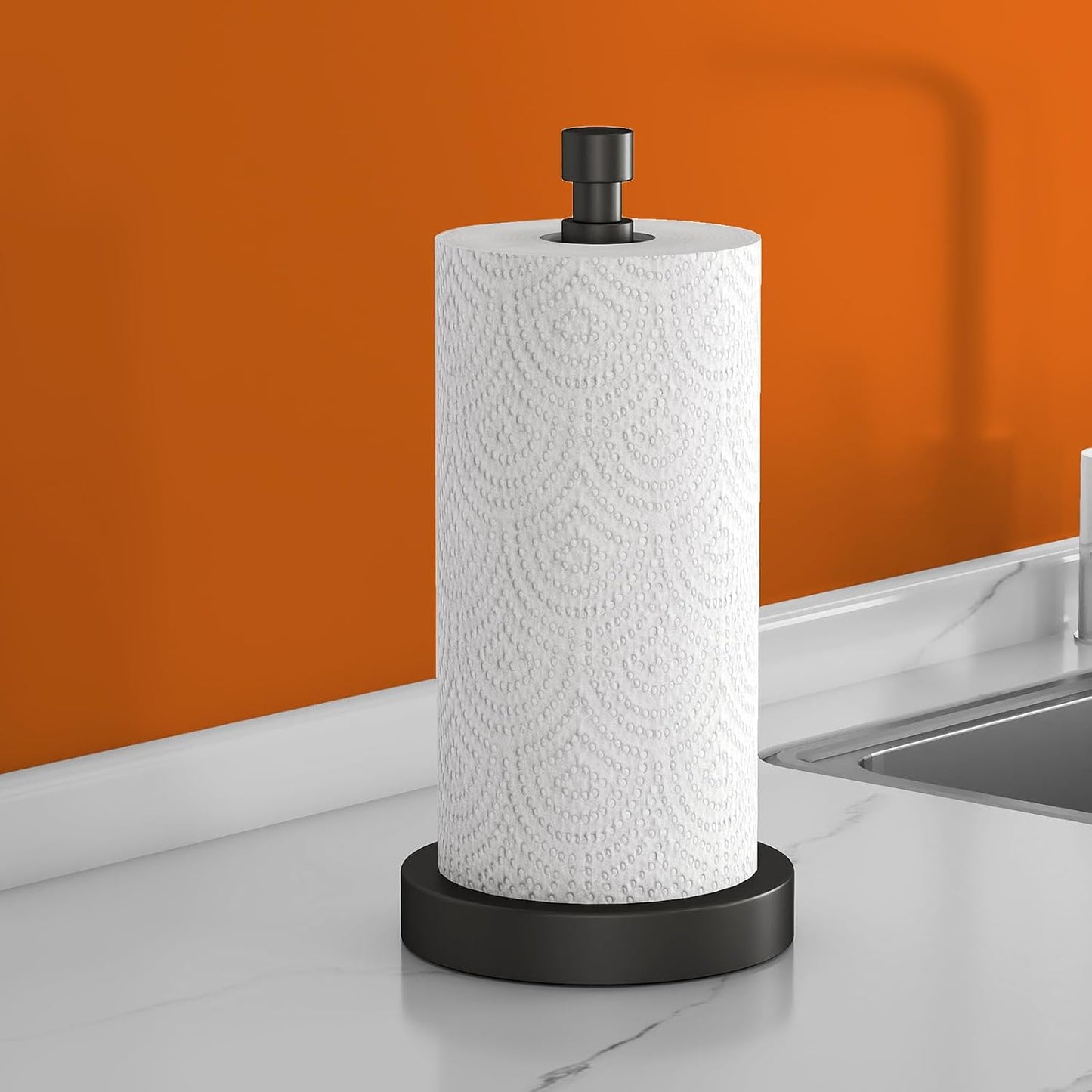 Paper Towel Holder Countertop, Black Paper Towel Holder with Weighted Base Non Slip, Standing Paper Towel Roll Holder for Kitchen Bathroom, Easy One-Handed Operation, Stainles Steel (Matte Black)