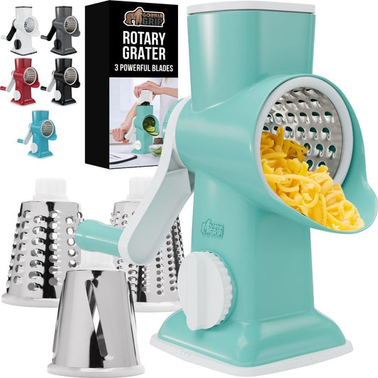 GORILLA GRIP BPA-Free Rotary Cheese Grater Hand Crank, Easy to Set Up, Strong Suction Base for Kitchen Countertop, Shred Potato, Vegetable, Nuts in Seconds, Round Mandoline Slicer, 3 Blades, Mint