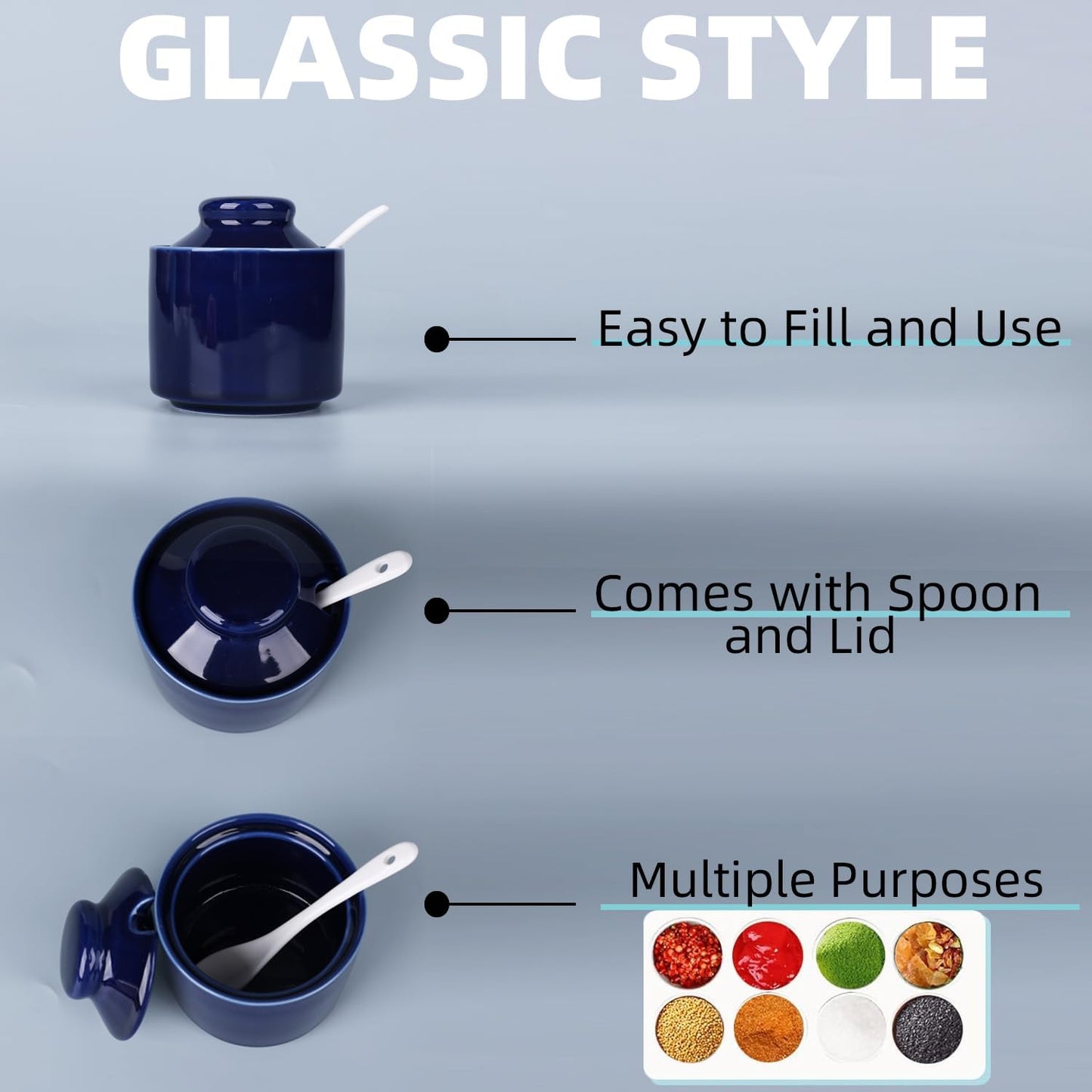 HAOTOP 8 oz Sugar Bowl with Lid and Spoon,Ceramic Sugar Jar Sugar Dispenser Sugar Container Coffee Bar Accessories, Kitchen Countertop Canisters (Navy)