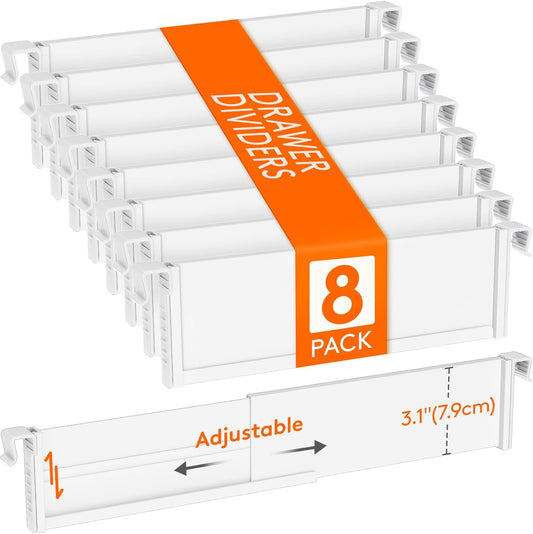 Lifewit Hanging Kitchen Drawer Dividers 3.1" High, 10-17" Adjustable Drawer Organizers for Utensils, Expandable Dresser Separators in Kitchen/Bedroom/Bathroom/Vanity/Office, White(8 Pack)