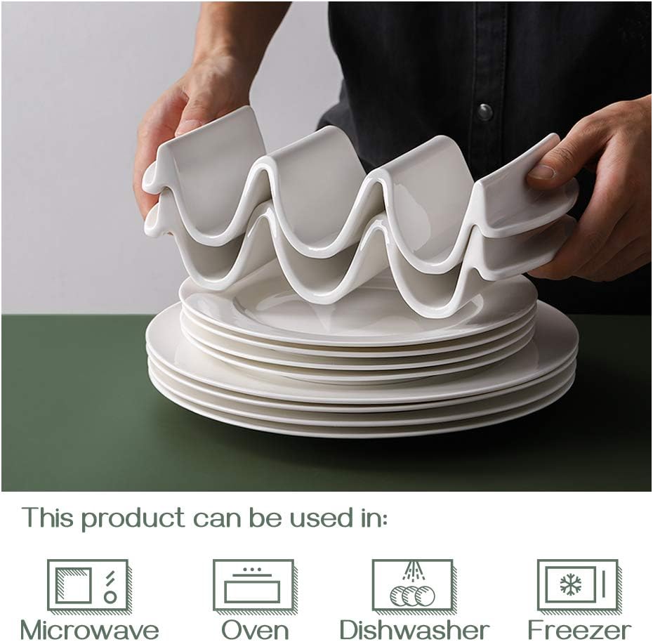 DOWAN Porcelain Taco Holder, 9.75" Large Taco Stand with Handle, Sturdy and Stable, Oven & Microwave & Dishwasher Safe, Safe without Sharp Edge, Taco Trays Holds 3 Taco Shell, Easy to Clean, Set of 2