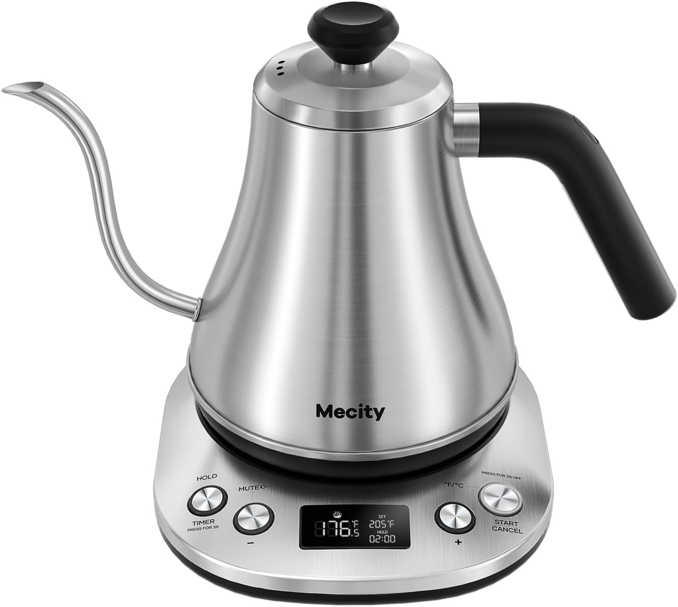 Mecity Electric Gooseneck Kettle With LCD Display Automatic Shut Off Retro Coffee Kettle Temperature Control Hot Water Boiler to Pour Over Tea, 1200 Watt Quick Heating Tea Pot, 0.8L, Stainless Steel
