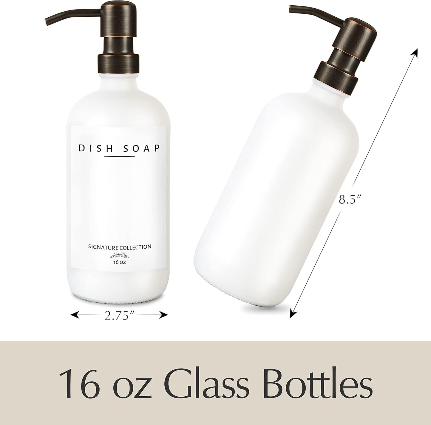 Emerson Soap Dispenser, Dish Soap Dispenser for Kitchen, Soap Dispenser Bathroom Set - Hand Soap Dispenser, Kitchen Soap Dispenser Set, Glass Soap Dispenser with Pump and Labels - 16 Oz | 2 Pack