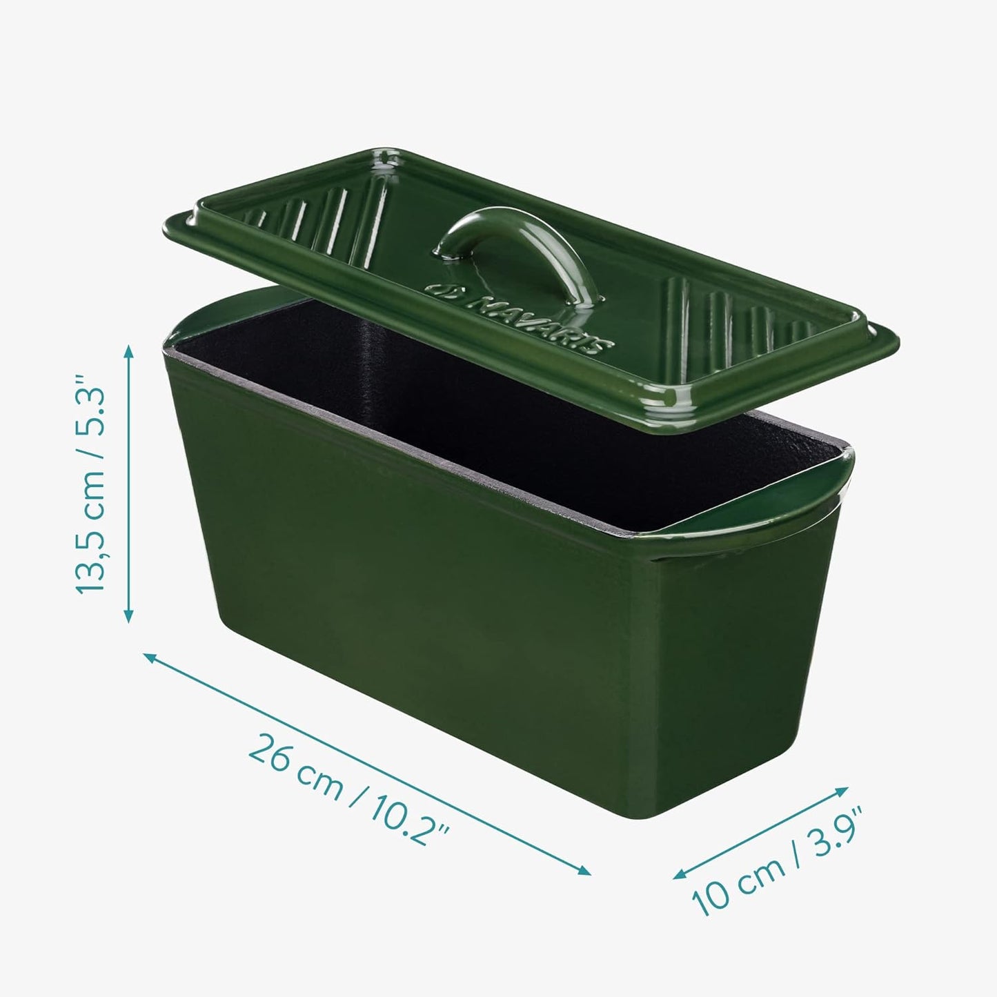 Navaris Bread Loaf Pan with Lid - Cast Iron Bread Baking Dish for Bulge Top or Flat Top Breads Meat Veg Meatloaf - Baking Tin 13-3/8" x 5-1/8" x 5-1/8" - Green