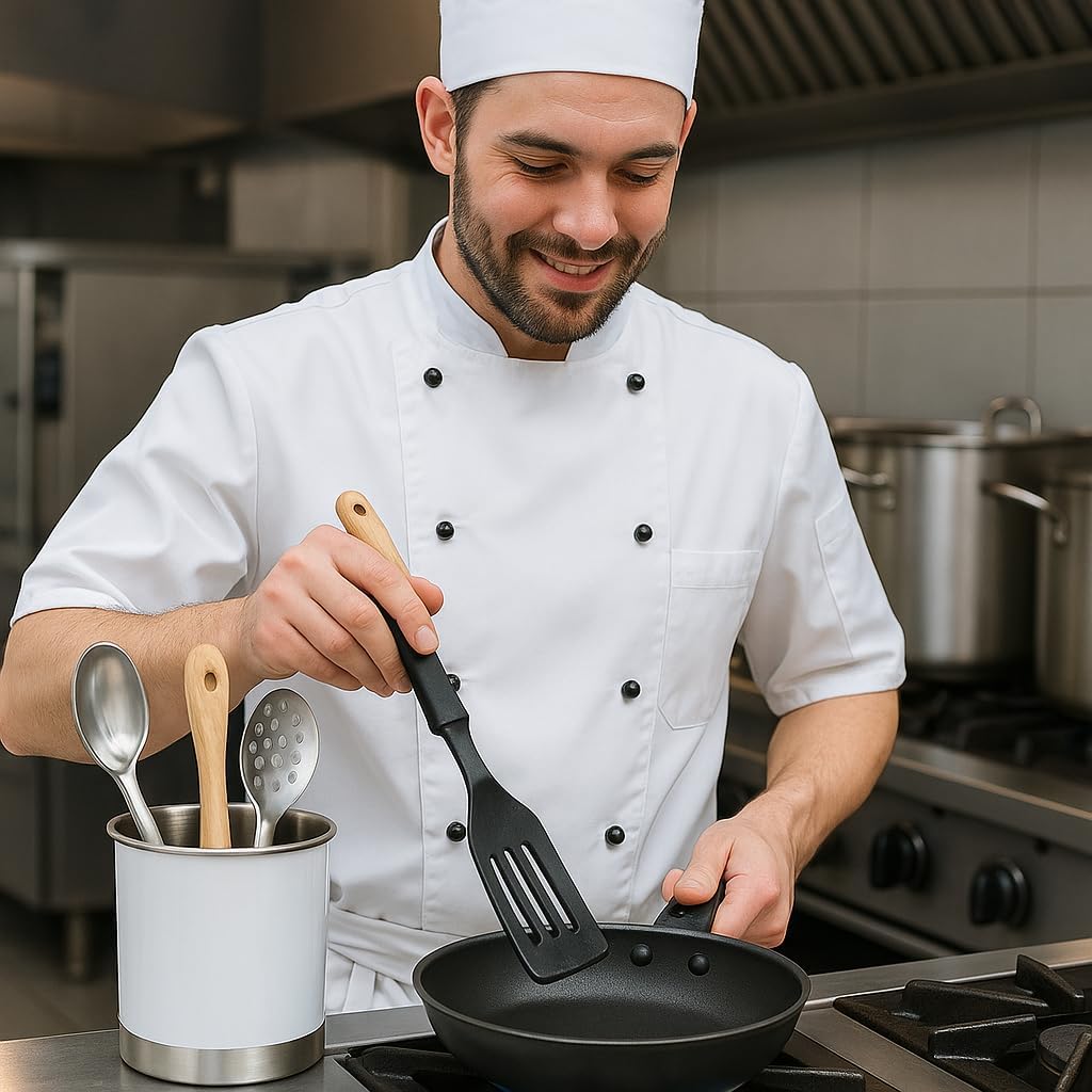 Creative Home Stainless Steel Utensil Holder– 6.3" Large Cooking Tool Organizer for Kitchen Decor and Countertop Storage, Stable Anti-Tip Design, Durable Powder-Coated Finish, White