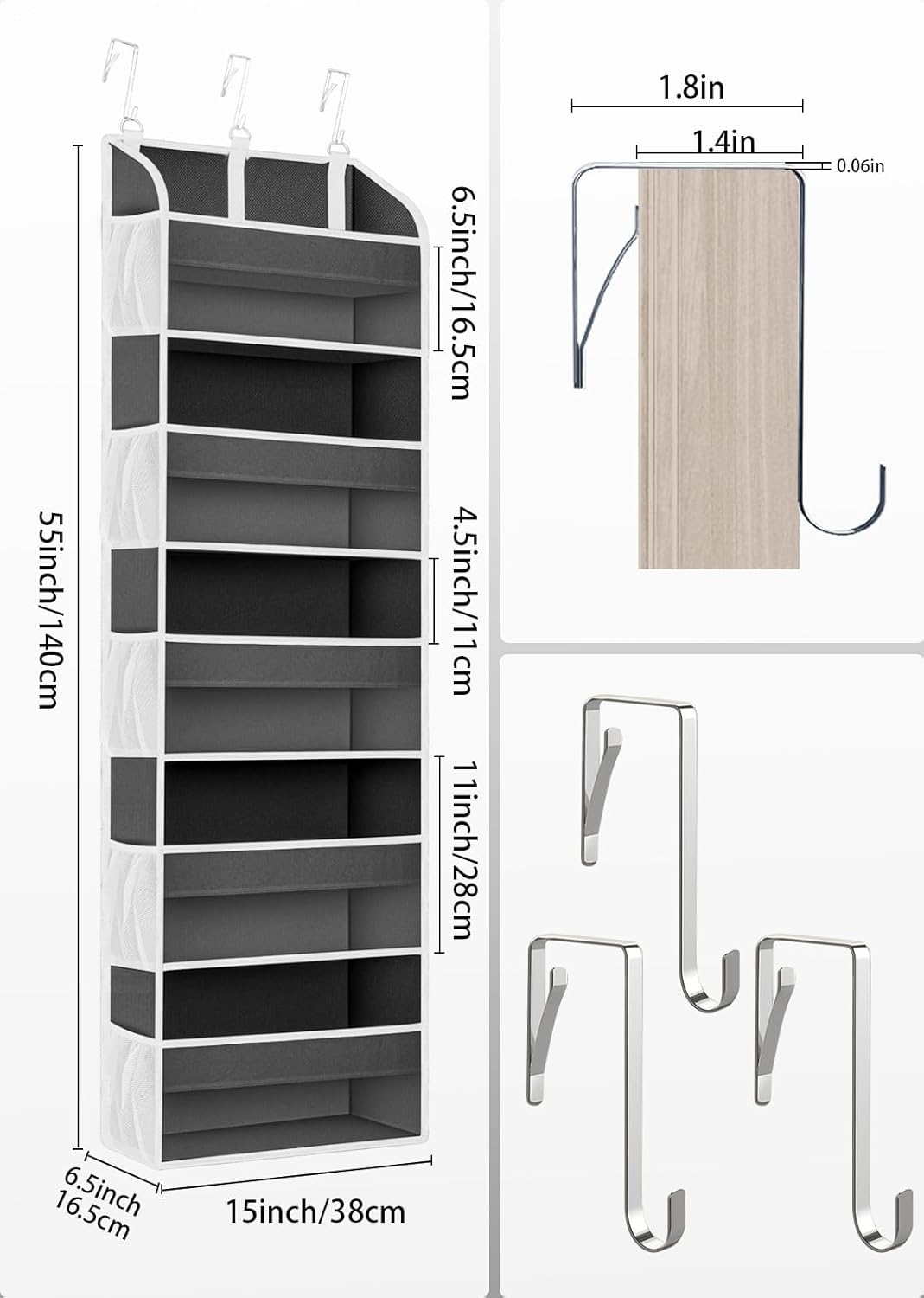 1 Pack Over The Door Organizer Storage, Hanging Organizer Closet with 5 Large Pockets 10 Mesh Pockets, 44 lbs Weight Capacity, Behind Door Storage for Nursery Bedroom Bathroom (Dark Grey)