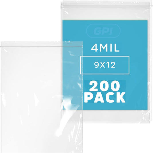 GPI - 9" X 12" - Bulk Pack of 200, 4 Mil Thick, Heavy Duty, Clear Plastic Reclosable Freezer Zip Bags, Strong & Durable Poly Baggies with Resealable Zipper Top Lock.