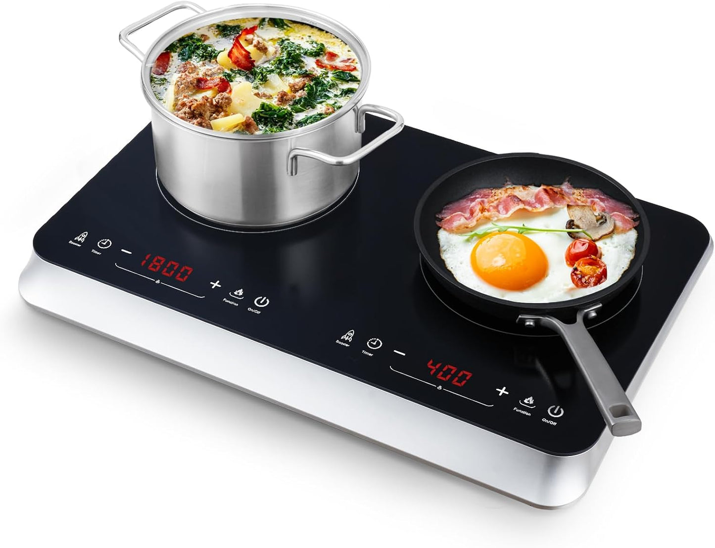 Double Induction Cooktop Burner with Fast Warm-Up Mode, 1800w 2 Burner with 10 Temperature 9 Power Settings, Portable Dual Induction Cooker Cooktop with Child Safety Lock & Time