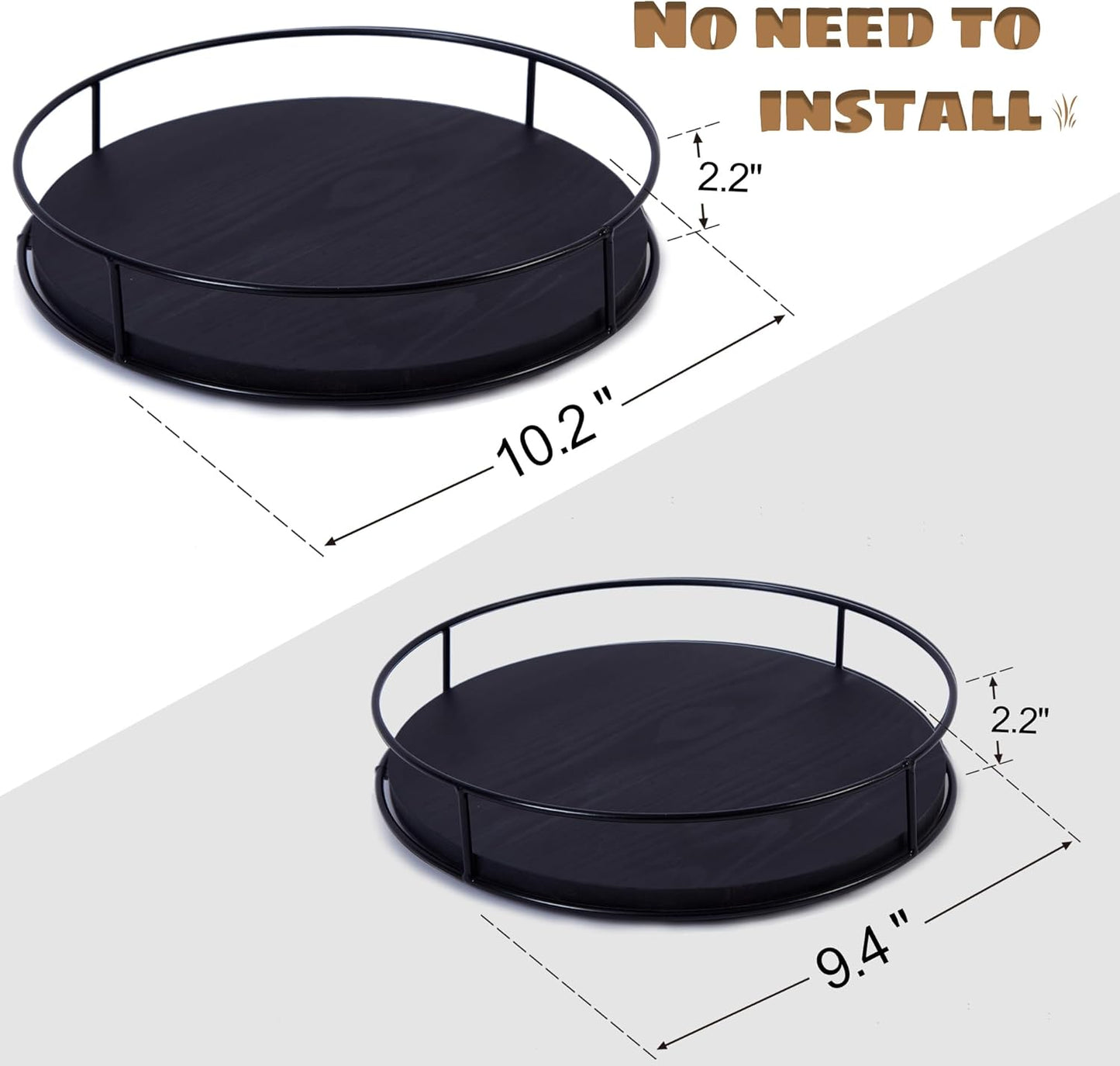 [ 2 Pack ] 9" & 10" Black Wood Lazy Susan Organizers with Steel Sides, Lazy Susan Turntable for Cabinet, Kitchen Turntable Storage for Table, Countertop, Pantry
