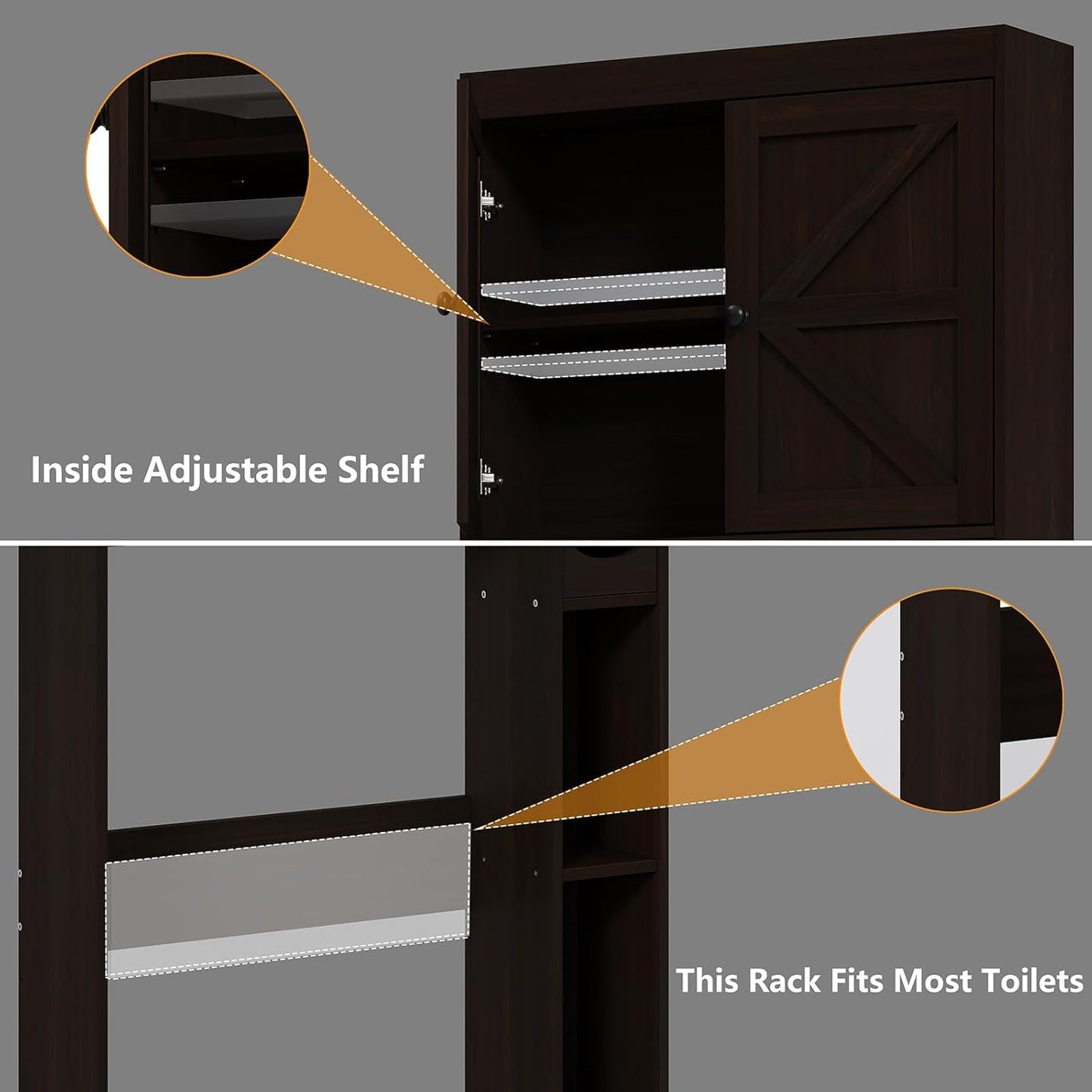 Furnideco 32.3''W Over The Toilet Storage Cabinet with Barn Doors, Over Toilet Shelf Farmhouse Storage Cabinet Space Saver with Toilet Paper Holder & Adjustable Bottom Bar, Espresso