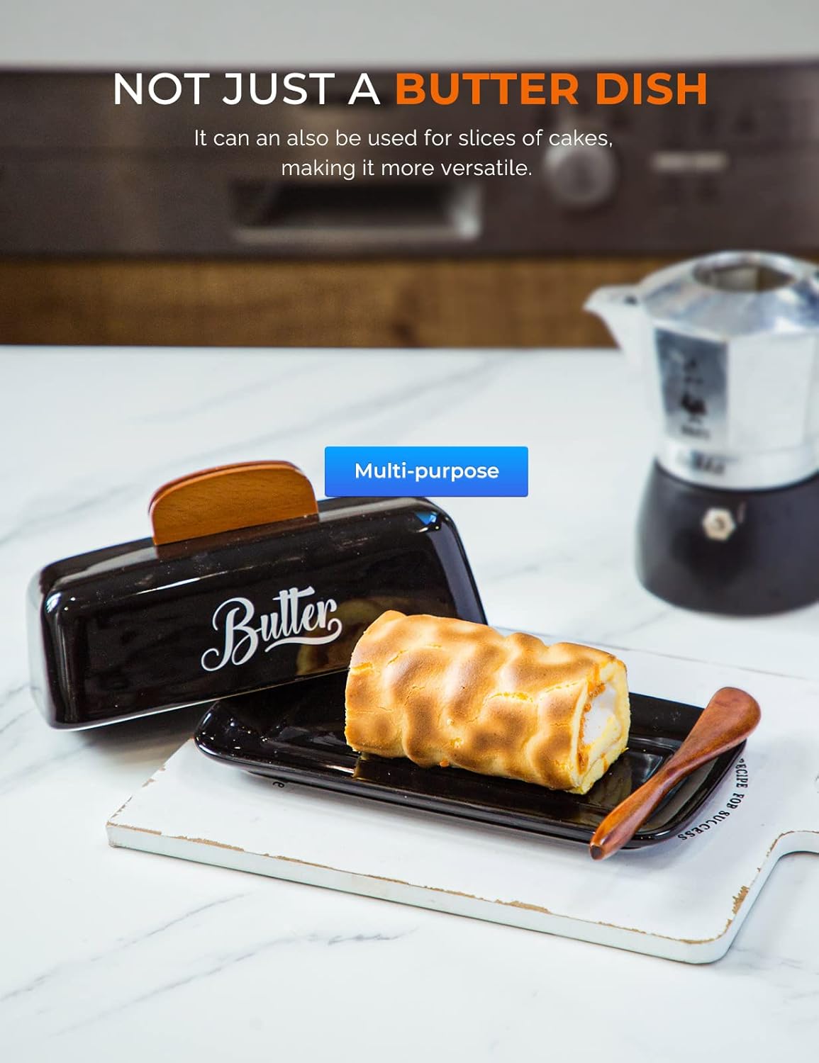 Black Butter Dish with Lid and Knife，Black Butter Tray，Ceramic Butter Holder for Counter Humanized Clamp-able Knife Handle Design Perfect for East West Coast Butter