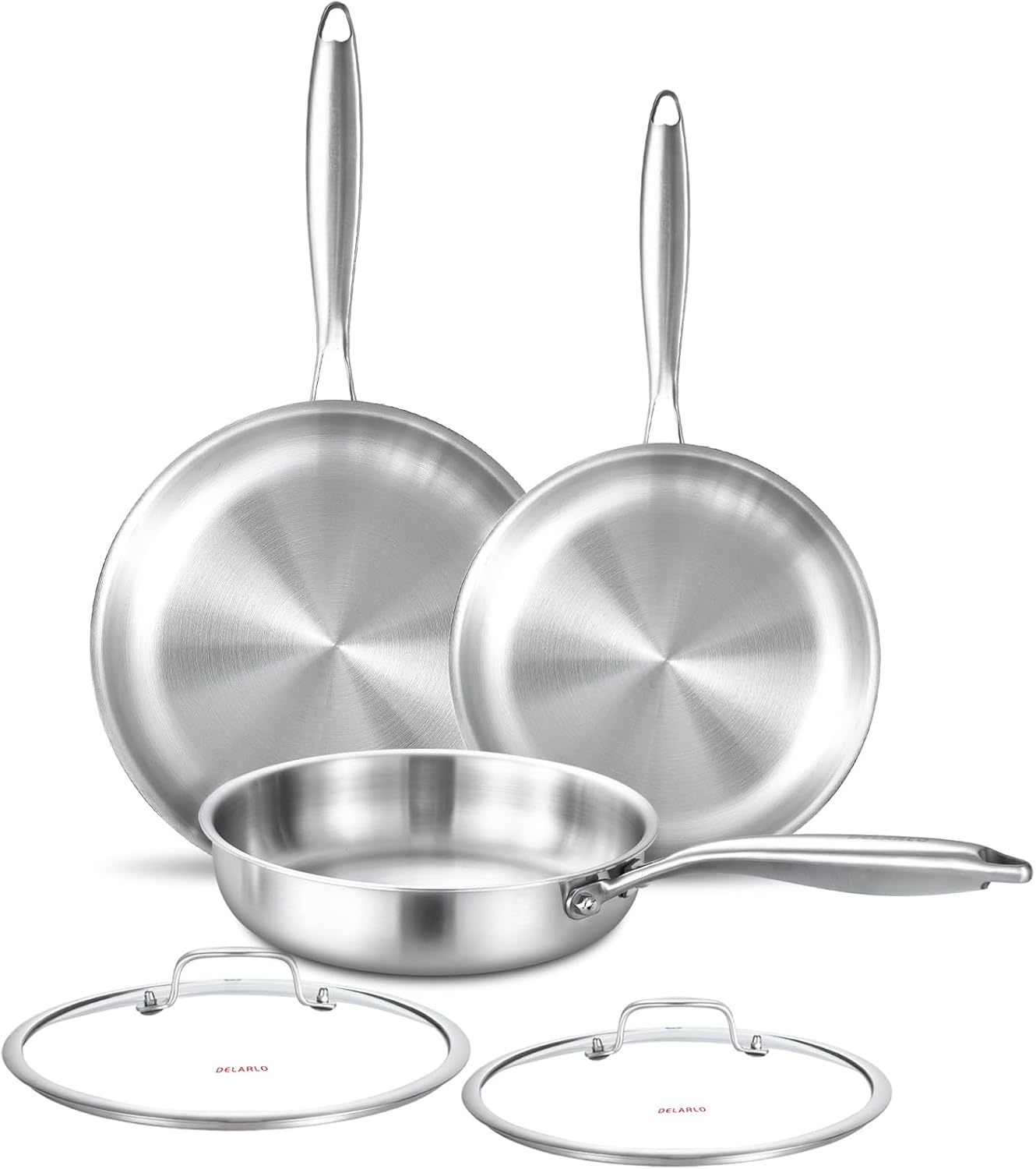 DELARLO Tri-ply Stainless Steel Frying Pan Set with Lid 8"10"12" Induction large Skillets Chef's Pan,Pots and Pans Set Kitchen Cookware Set Suitable for All Stove