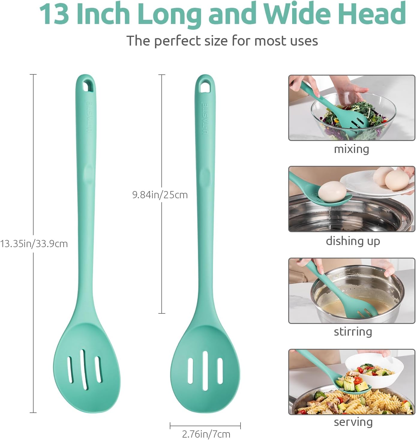 13.3" Slotted Cooking Spoon: U-Taste 600ºF Heat Resistant Kitchen Mixing Spoon, Food Grade Nonstick Long and Large Rubber Soup Utensil for Serving, Stirring, Basting, for Pot Cookware (Aqua Sky)