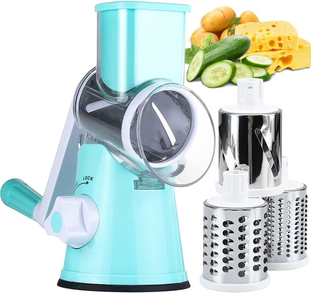 KEOUKE Rotary Cheese Grater with Handle Vegetable Cheese Shredder Slicer Grater for Kitchen 3 Changeable Blades for Cheese Potato Zucchini Nuts Chocolate - Light Blue