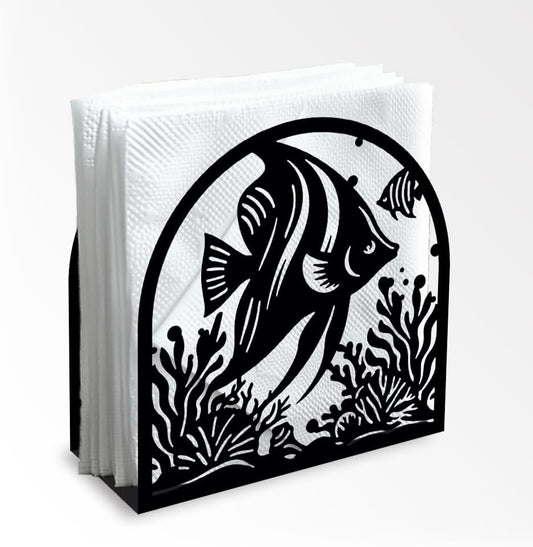 Tropical Fish Decorative Black Metal Napkin Holder for Table, 4.9" x 4.9" x 1.9" Standing Napkin Holder for Home Kitchen Restaurant Picnic Party Coffee Bar Dining Room