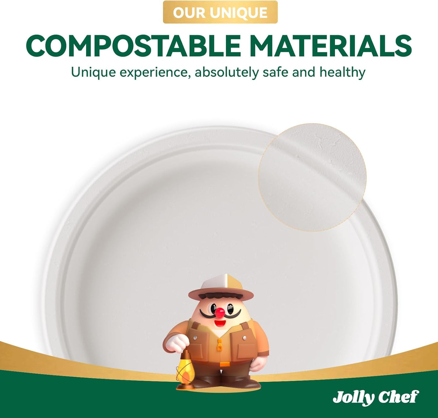JOLLY CHEF Compostable Heavy Duty Plates 9 Inch [300 Pack] Eco-Friendly Disposable Natural Paper Plates Bagasse Biodegradable Bulk for Party Dinner Sugarcane Fibers Round 300 Count(White)