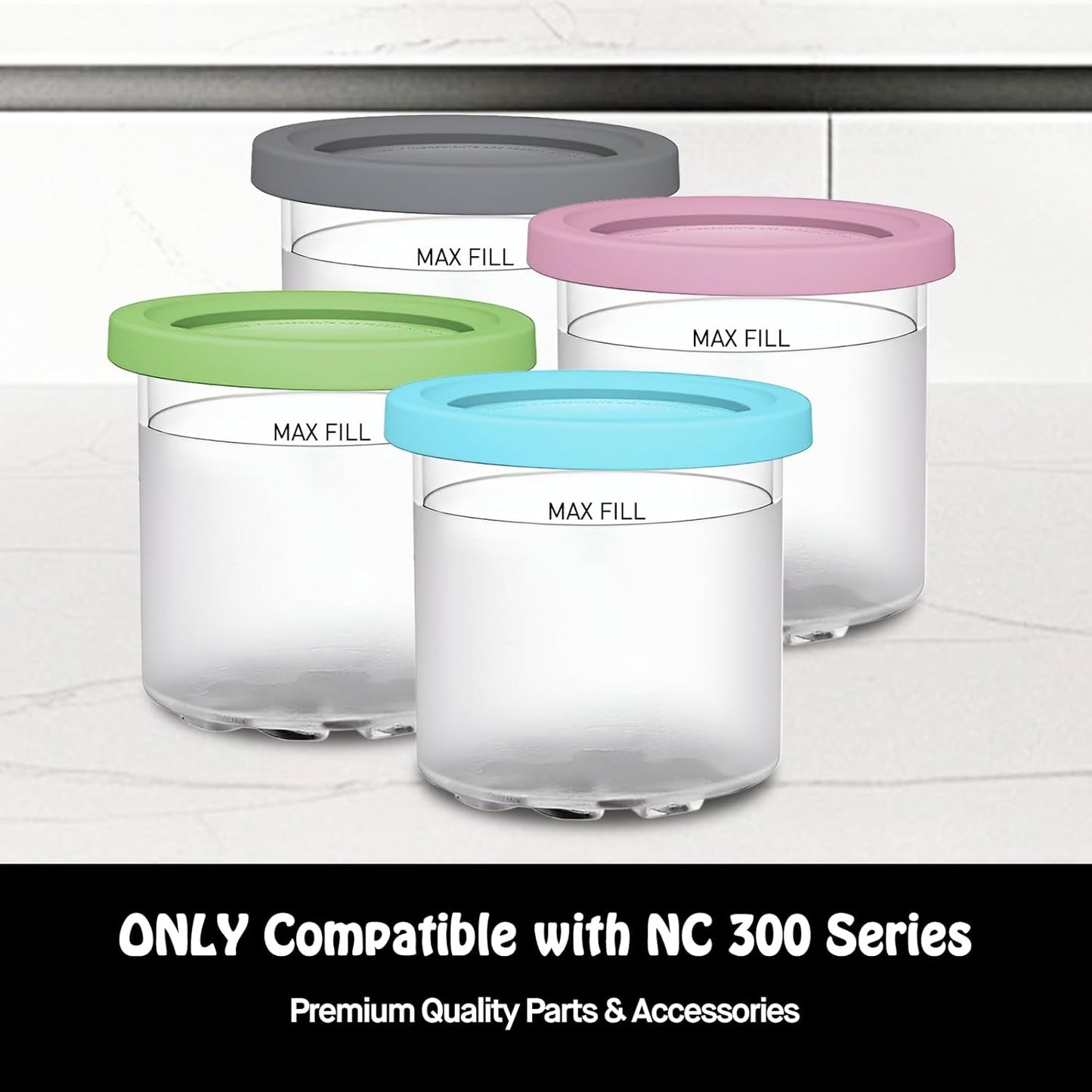 Pints and Lids for Ninja Creami NC299AMZ & NC300s Series Ice Cream Makers, BPA-Free & Dishwasher Safe, Color Lids, 4 Pack, Clear/Lime/Aqua/Grey/Pink