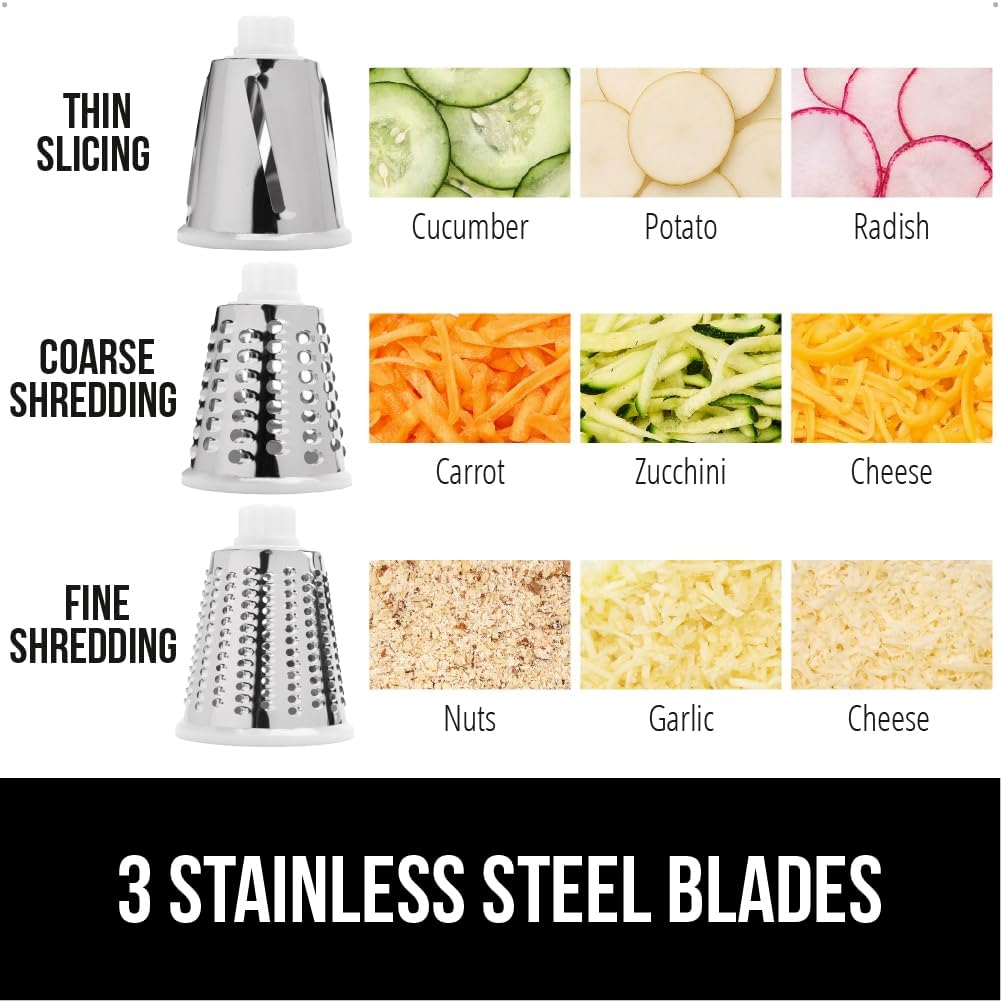GORILLA GRIP BPA-Free Rotary Cheese Grater Hand Crank, Easy to Set Up, Strong Suction Base for Kitchen Countertop, Shred Potato, Vegetable, Nuts in Seconds, Round Mandoline Slicer, 3 Blades, Red