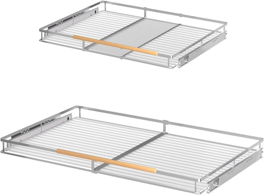 Expandable Pull Out Drawer Cabinet Organizers, Heavy Duty Slide Out Storage Shelf for Home Kitchen Pantry Cupboard Pots Pans, Adjustable Width from 23.2"~39.9", Stainless Steel 2 Pack