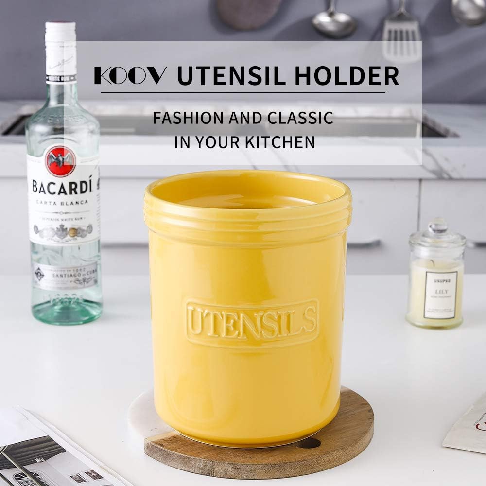 KOOV Cooking Utensil Holder, Large Ceramic Utensil Crock, Deep and Stable, Utensil Caddy for Countertop Letter Series (Yellow)