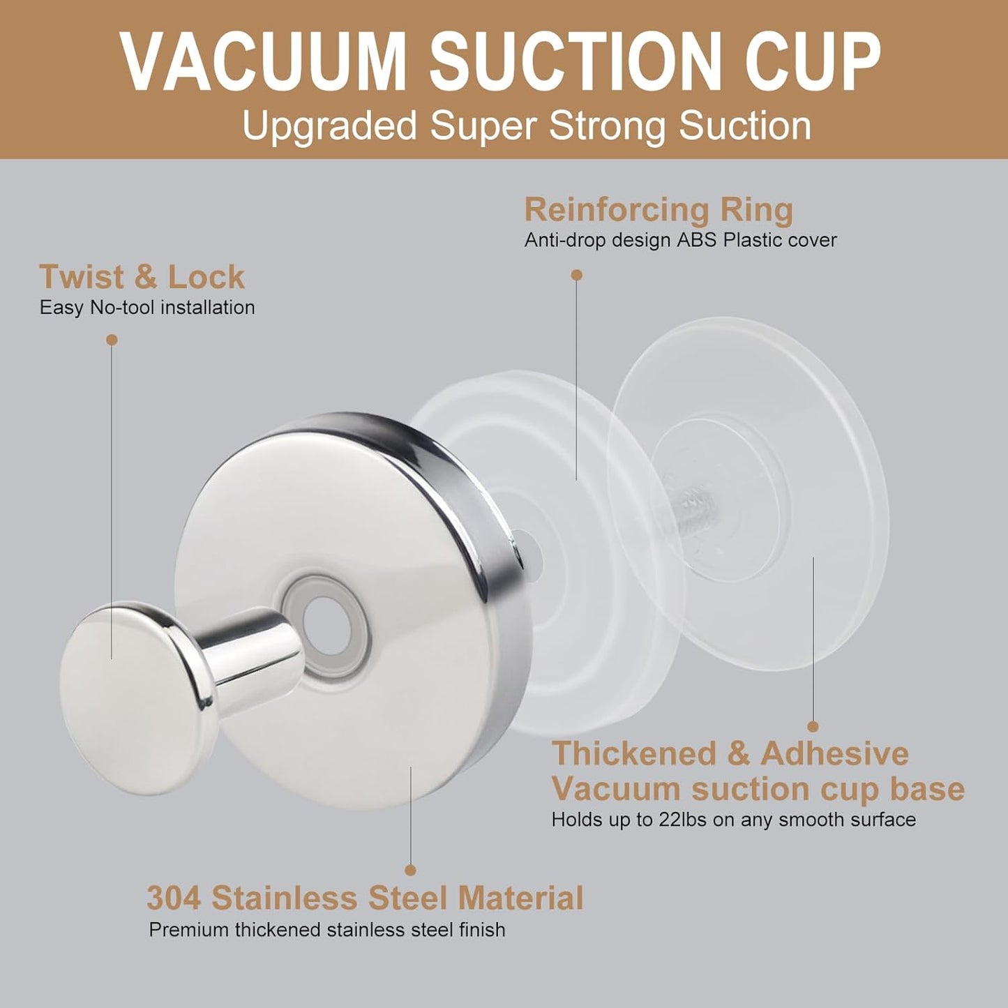 ZESLMG Suction Cup Hooks for Shower Wall, Door Wreaths, Removable Inside Shower Towel Hooks for Bathroom Window Glass Kitchen- Bath Robe Loofah Suction Hooks for Hanging More Surfaces (Chrome, 2 Pack)