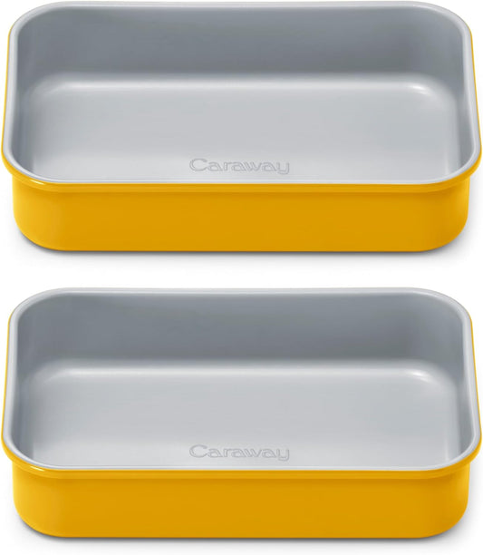 Caraway Nonstick 9” x 6.5” Small Rectangle Baking Pan Duo – Non-Toxic, PTFE & PFOA Free – Aluminized Steel Core – Deep Ceramic Baking Pan for Casseroles, Lasagna & More - Marigold