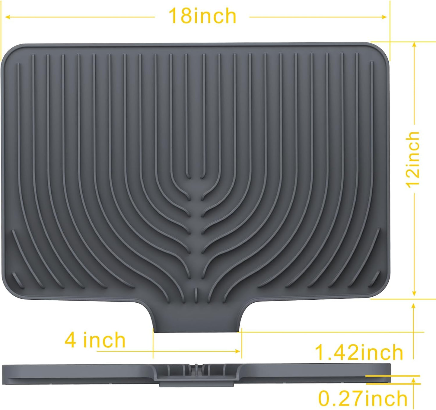 Kitchen Drying Mat, Raised Edge 18"×12"Silicone Dish Drying Mat with Drain Spout for Kitchen Counter, Kitchen Mat for Dishes Drying, (gray)