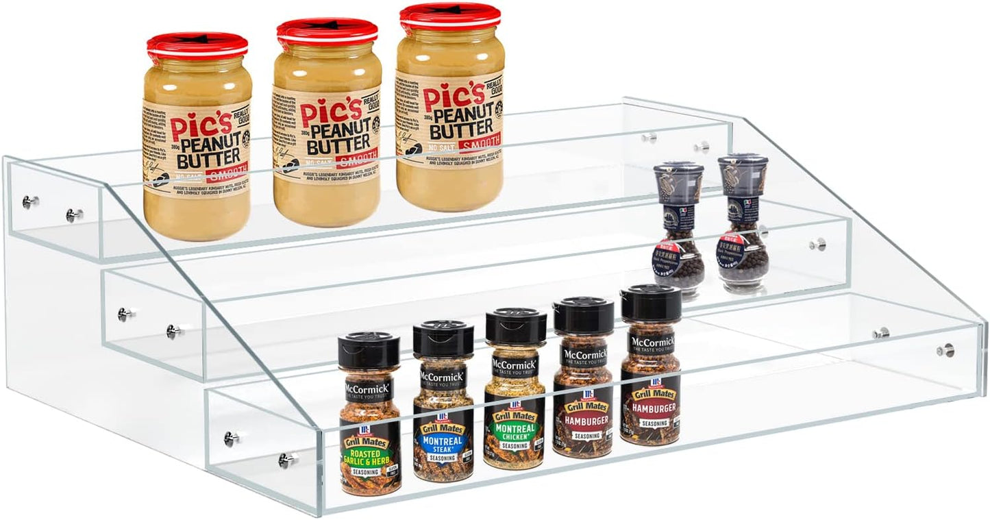 PMMASTO Widen Tiered Spice Rack, Seasoning Organizer, Clear Acrylic Vertical Shelves Can Organizer for Countertop, Cabinet, Pantry, Kitchen Organization and Storage - 3 Tier