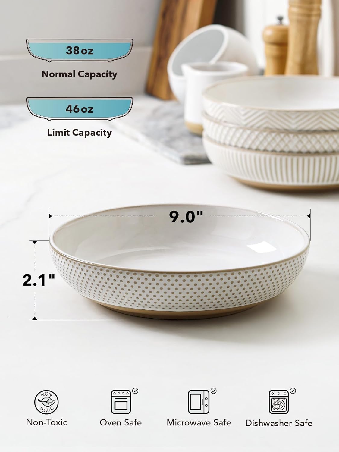 LE TAUCI Pasta Bowls 46oz, Large Salad Bowl, Ceramic Serving Plate, House-warming Wedding Present, Embossment Stoneware Bowl for Fruits, Noodle, Dinner - 9 Inch, Set of 4, Arctic White