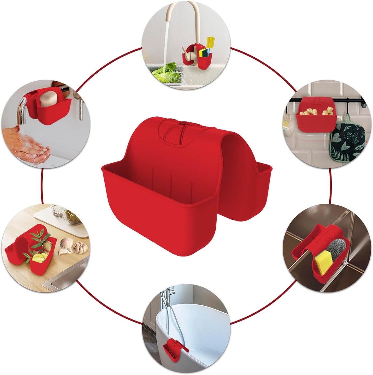 Sponge Holder for Kitchen Sink, Silicone Sink Saddle Caddy Organizer Rack, Sponges Holder Over Faucet, Hanging Kitchen Organizer Accessories Rack Basket Red