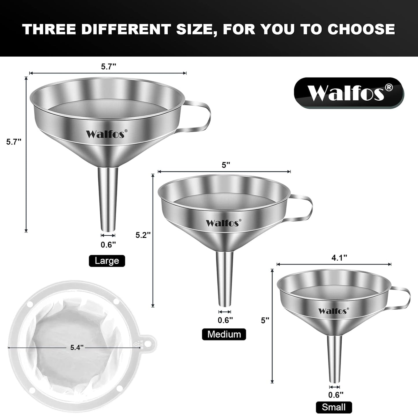 Walfos 3Pcs Kitchen Funnel with 2 Removable Strainer ＆ 1 Cleaning Brush & 1Pc 200 Mesh Food Filter Strainer, Food Grade Stainless Steel Funnel for Transferring of Liquid, Oils, Jam, Dry Ingredients