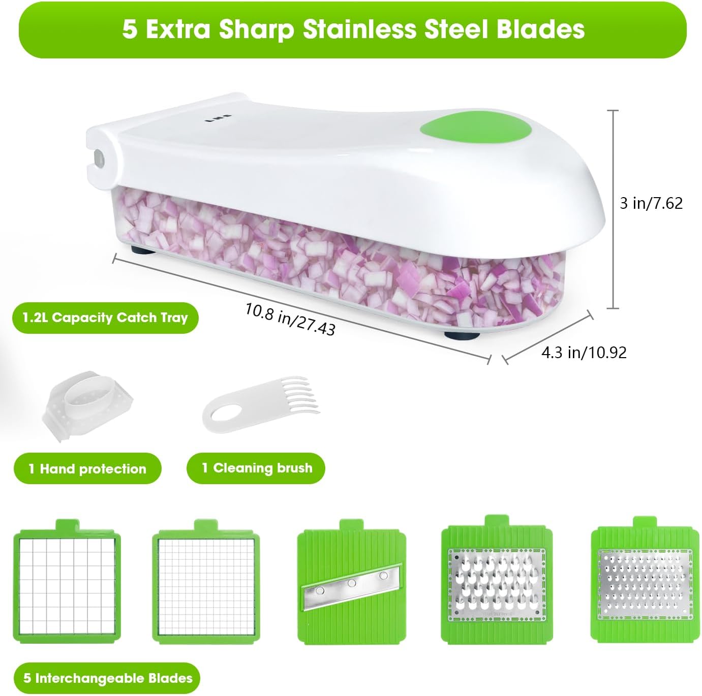 LHS Multifunctional Vegetable Chopper - 7 in 1 Veggie Slicer, Dicer, Cutter for Onions, Potatoes, Salad - Green Container Included