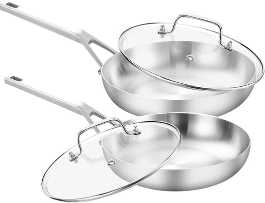 Tri - Ply Stainless Steel Frying Pan Set 8" 10" Skillets with Tempered Glass Lids Durable, Ideal for Eggs, Induction Compatible up to 600°F