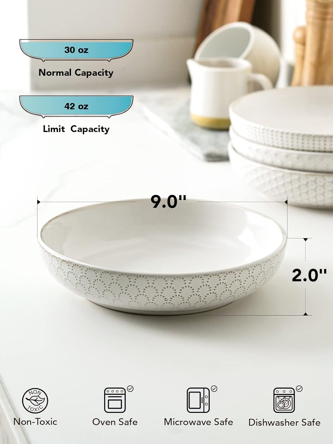 LE TAUCI Pasta Bowls 42oz, Large Salad Bowl, Ceramic Embossment Stoneware Serving Plate for Fruits, Noodle, Dinner, House-warming Wedding Present - 9 Inch, Set of 4, Arctic White