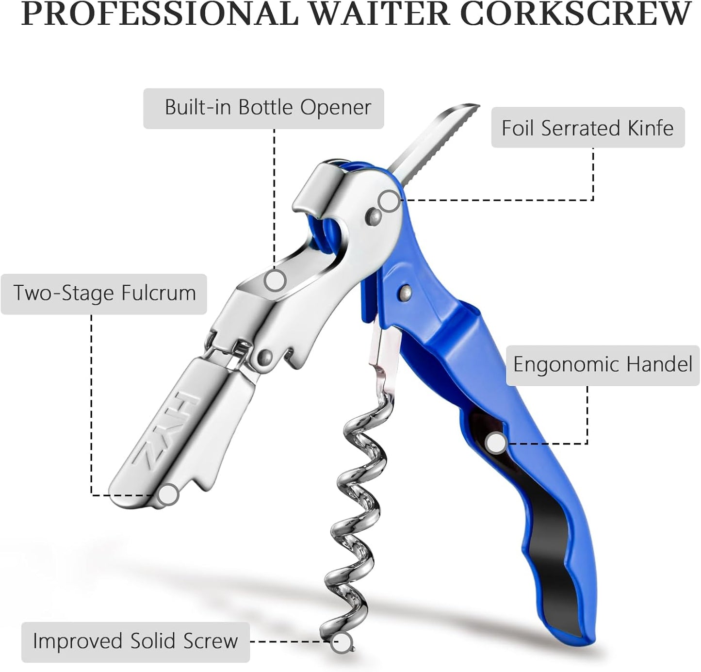 HYZ 2-Pack Wine Opener Waiter Corkscrew, Professional Wine Key for Servers, Bartender with Foil Cutter, Manual Wine Bottle Opener Double Hinged (Azure Blue)