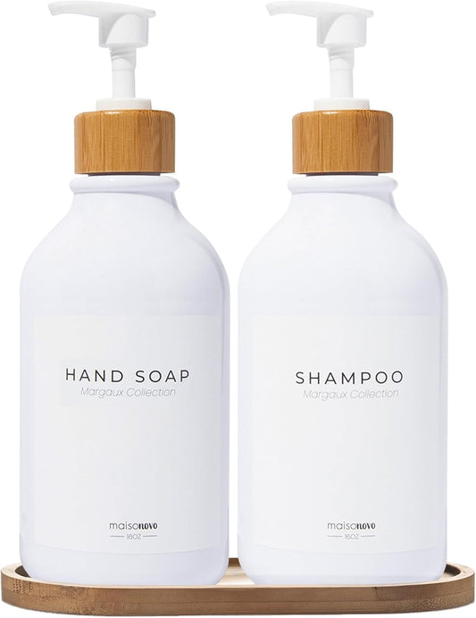 Maisonovo Plastic Soap Dispenser Set | Hand Soap and Dish Soap Dispenser Set | 16.9oz Amber Bottles with Black Bamboo Pump | Bathroom Lotion Dispenser with Pump Set of 2