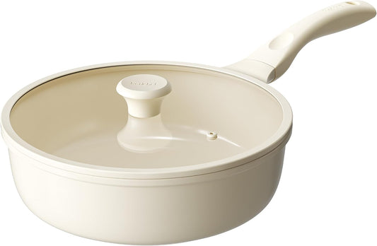Redchef Nonstick Deep Frying Pan with Lid, Ceramic Saute Pan Skillet, PFOA PFOS Free, Induction Compatible, Stay-Cool Helper Handle, Tempered Glass Cover, Dishwasher Safe, Beige (3.7Qt, 10")