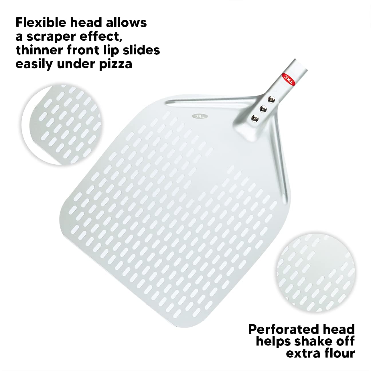 TKC Perforated Pizza Peel 12 Inch - Long Handle Perforated Aluminum Pizza Paddle - Lightweight Pizza Turning Peel Spatula - Compatible with all Ooni Pizza Ovens - 26 Inch Overall Length (Silver/Gray)