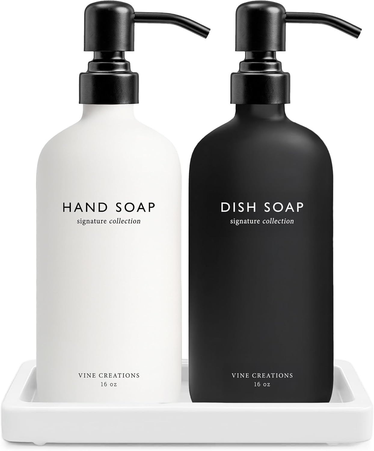 Vine Creations Glass Soap Dispenser Set, Kitchen Soap Dispenser Set with Ceramic Tray, 16 oz Dish Soap and Hand Soap Dispensers with Stainless Steel Pump Decor (White and Black Bottles/Matte Black)