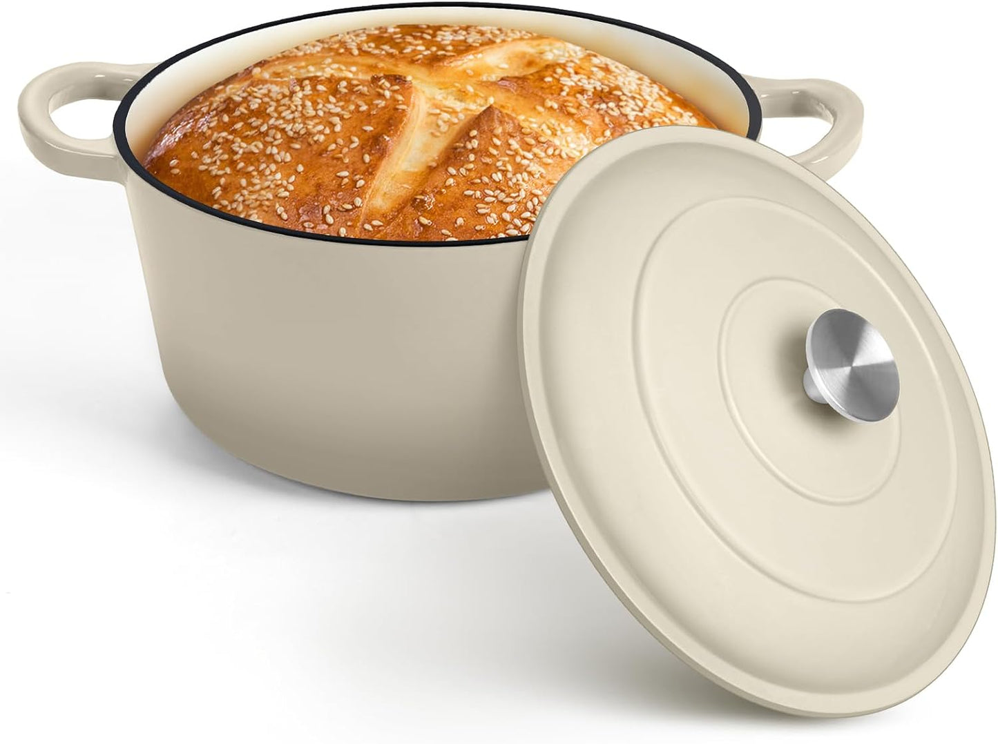 P&P CHEF 7QT Enameled Dutch Oven, Cast Iron Dutch Oven Pot with Lid for Bread Baking, Enameled Casserole Pot for Roasting Braising Stewing Frying Simmering, Various Stoves & Easy Clean, Khaki