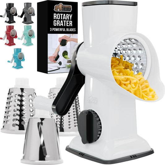 GORILLA GRIP BPA-Free Rotary Cheese Grater Hand Crank, Easy to Set Up, Strong Suction Base for Kitchen Countertop, Shred Potato, Vegetable, Nuts in Seconds, Round Mandoline Slicer, 3 Blades, White