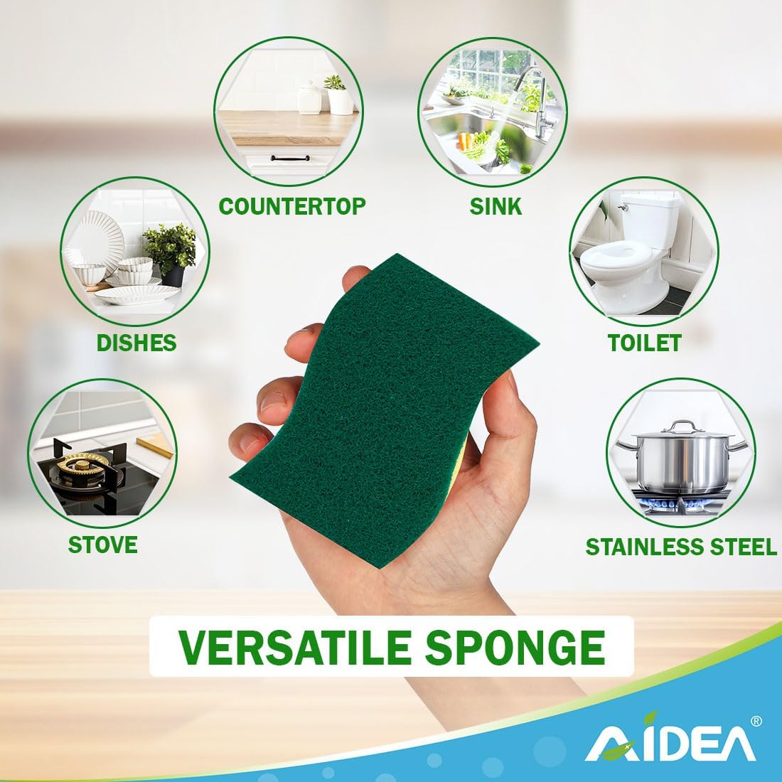AIDEA Heavy-Duty Scrub Sponges, 12Count, Sponge for Non-Coated Cookware, Kitchen Sponges for Dishes, Scrubbing Power for Tough Messes, Cleaning Sponge for Kitchen, Bathroom, Household